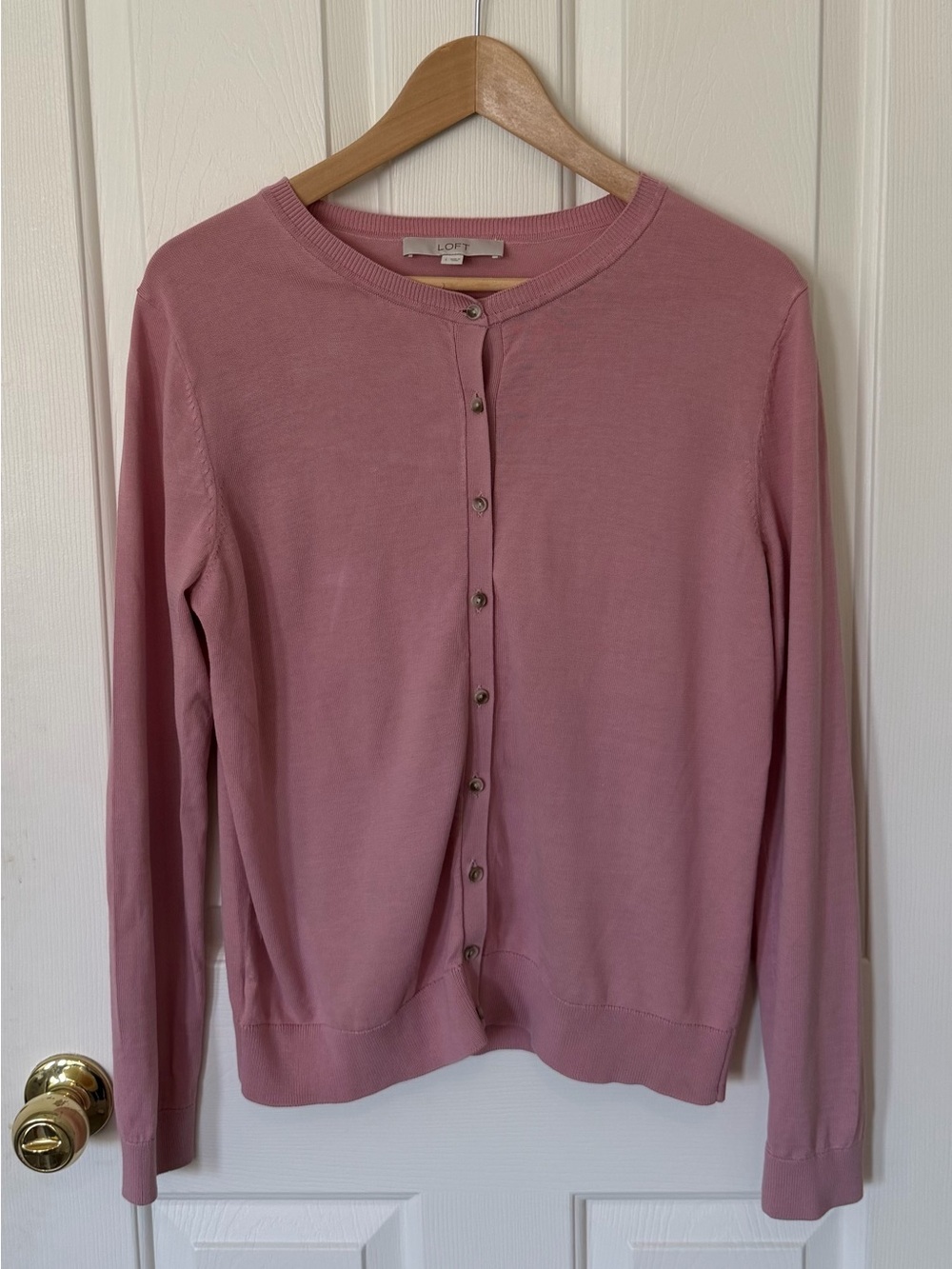 LOFT Pink Crewneck Button-Front Cardigan